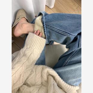 加绒加厚复古蓝直筒牛仔裤女秋冬季胖妹妹mm高腰宽松显瘦阔腿长裤