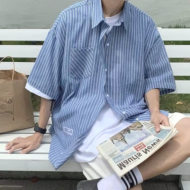 日系复古蓝条纹宽松短袖衬衫男