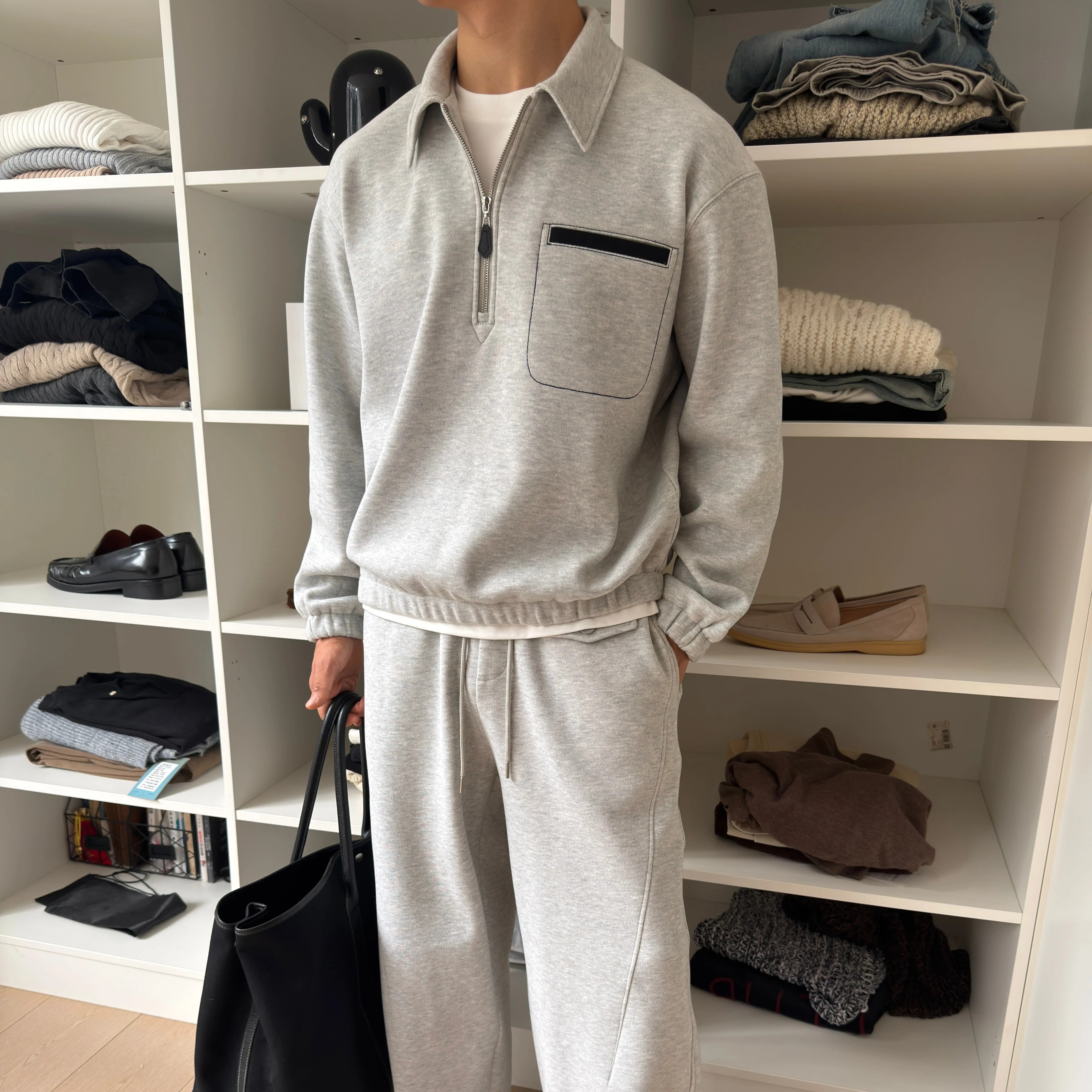 ZHUOLINZHANG极简假两件卫衣套装秋季翻领宽松男上衣口袋长裤重磅