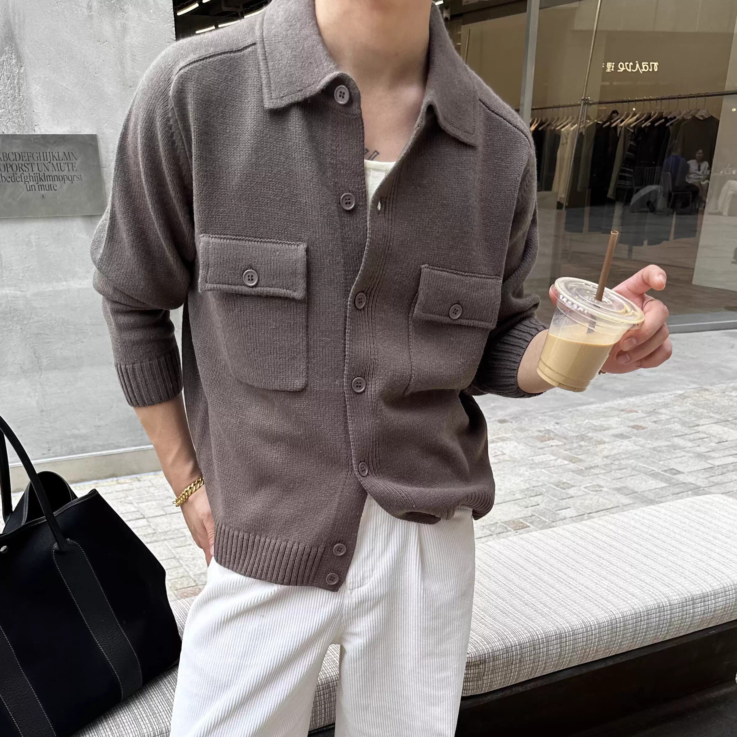 ZHUOLINZHANG老钱风简约多口袋秋冬毛衣开衫慵懒羊毛男针织衫上衣