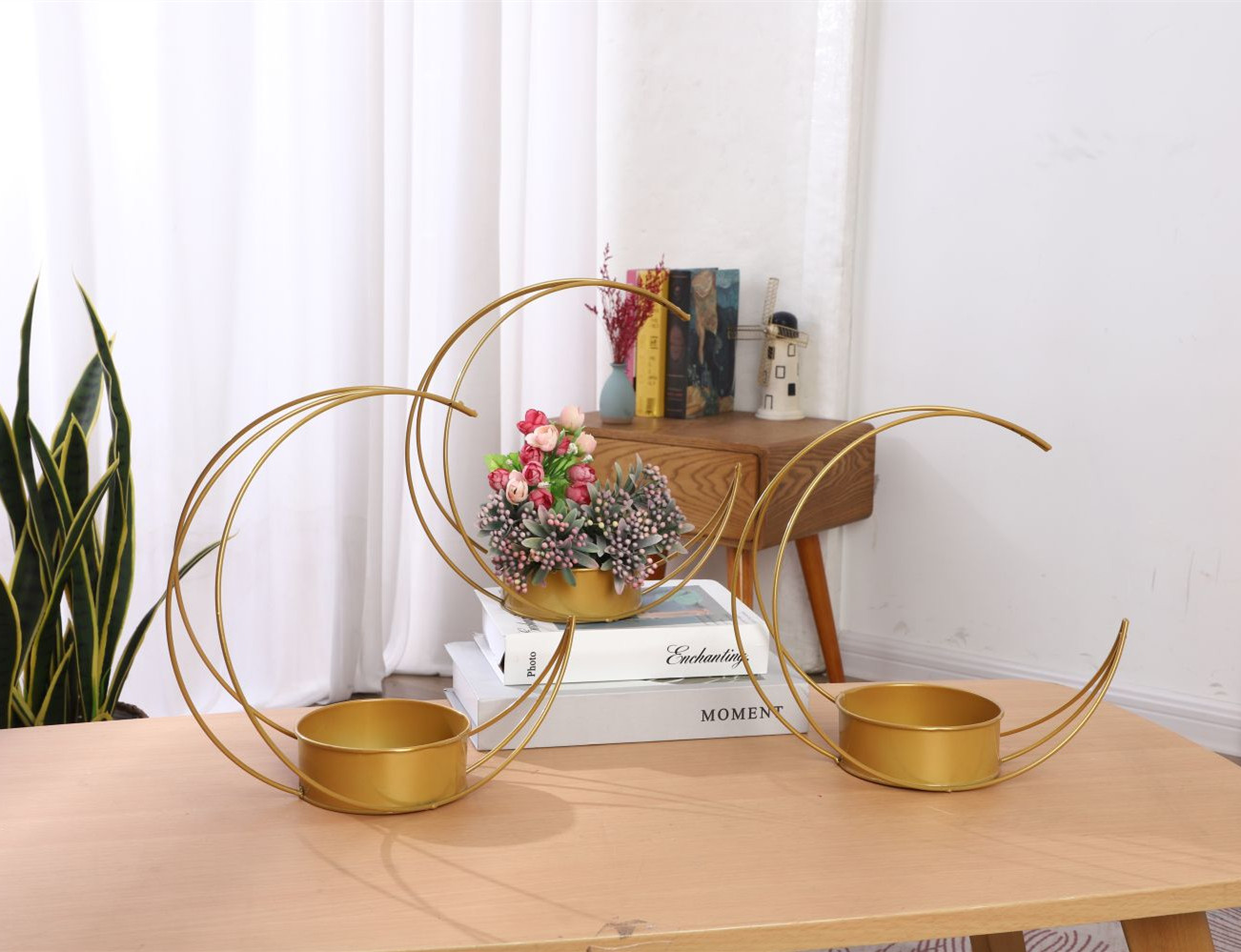 金色月亮花架铁艺插花架手提花篮婚庆节日摆件丝网花花盆几何花器