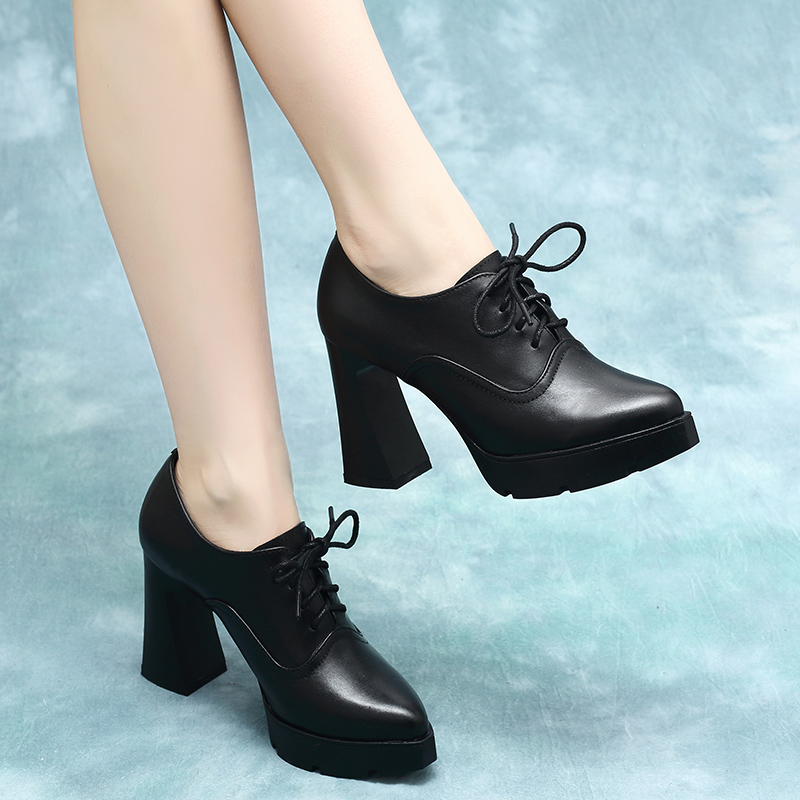 防水系带春季新款深口黑色高跟鞋