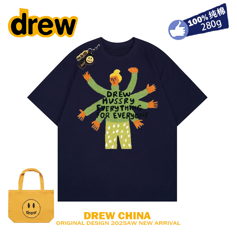 drew笑脸潮牌创意艺术卡通印花短袖t恤男女宽松纯棉休闲情侣装ins