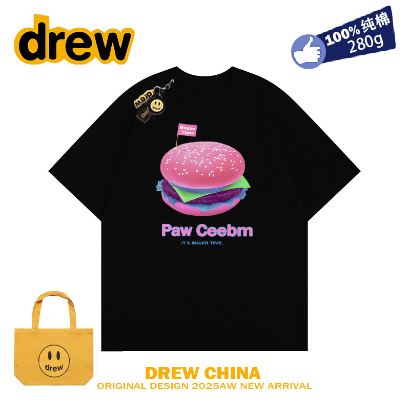 drew笑脸复古粉色汉堡印花短袖t恤男女夏宽松学生纯棉休闲情侣ins