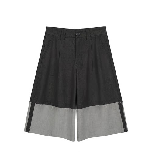 仿牛仔拼接宽松毛边阔腿七分裤