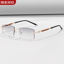 配钻石切边无框金色眼镜仿檀木纯钛男款变色镜0009近视镜平光潮款