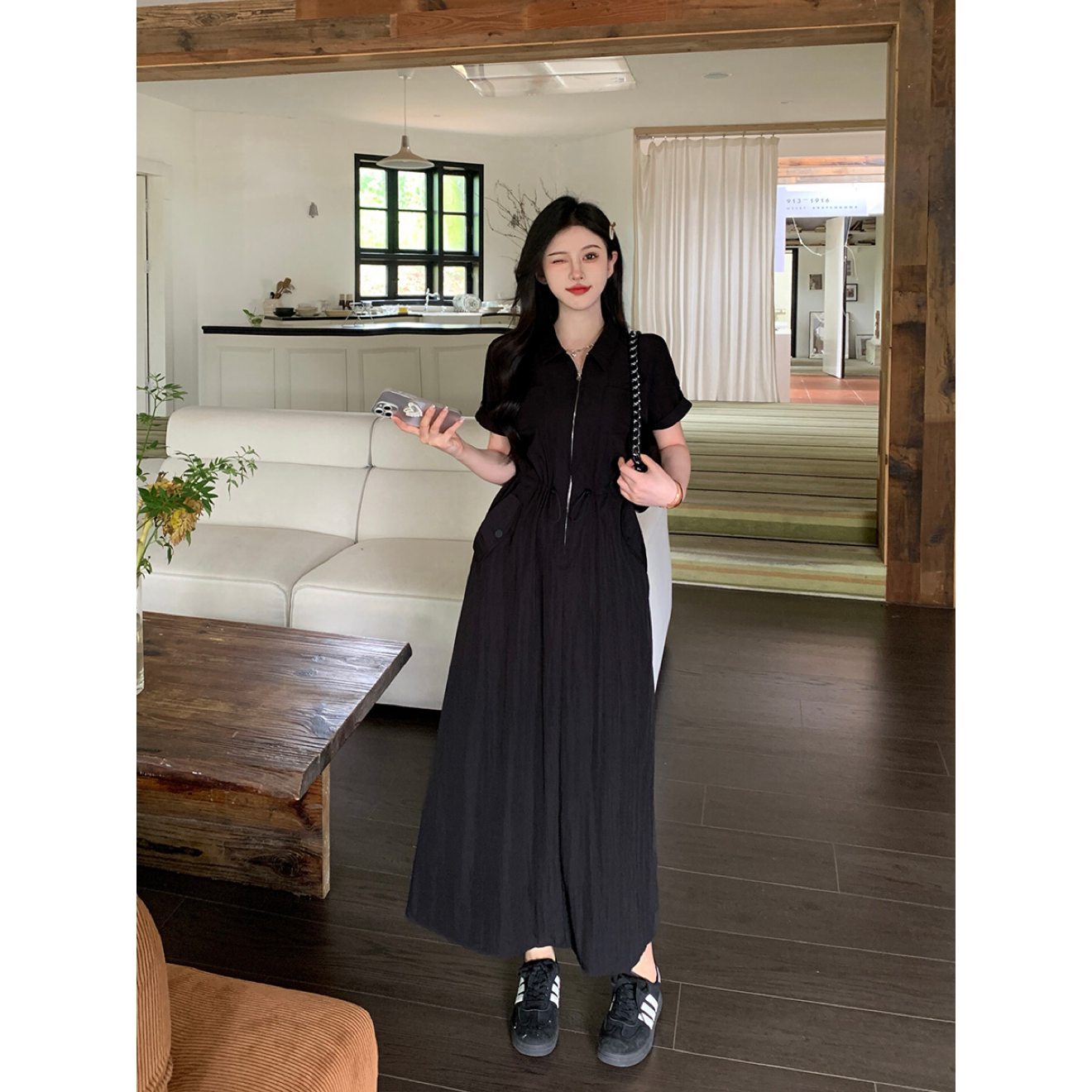 实拍大码女装温柔显瘦抽绳口袋裙显瘦A字连衣裙胖MM藏肉显瘦裙