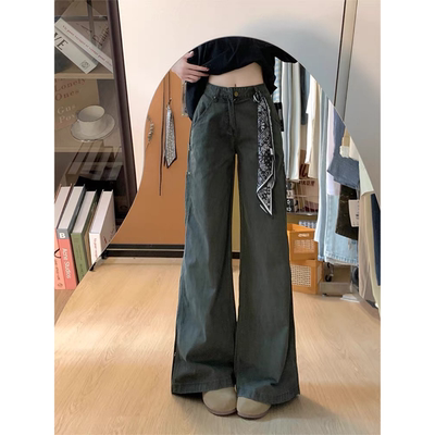 美式军绿色工装裤女新款多口袋复古休闲阔腿宽松直筒微喇牛仔裤子