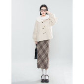 女小个子毛领加厚外套 卡布奇诺 卡其色毛呢套装 格纹半裙两件套