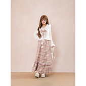 心动桃桃 秋冬新款 韩剧富家千金设计感上衣格纹长裙温柔风两件套