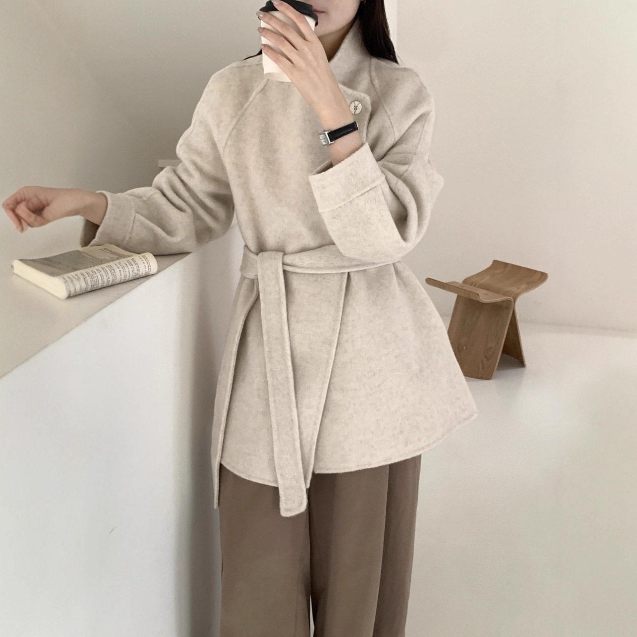 秋冬 通勤立领中款澳洲羊毛双面呢外套 小个子呢大衣女毛呢外套