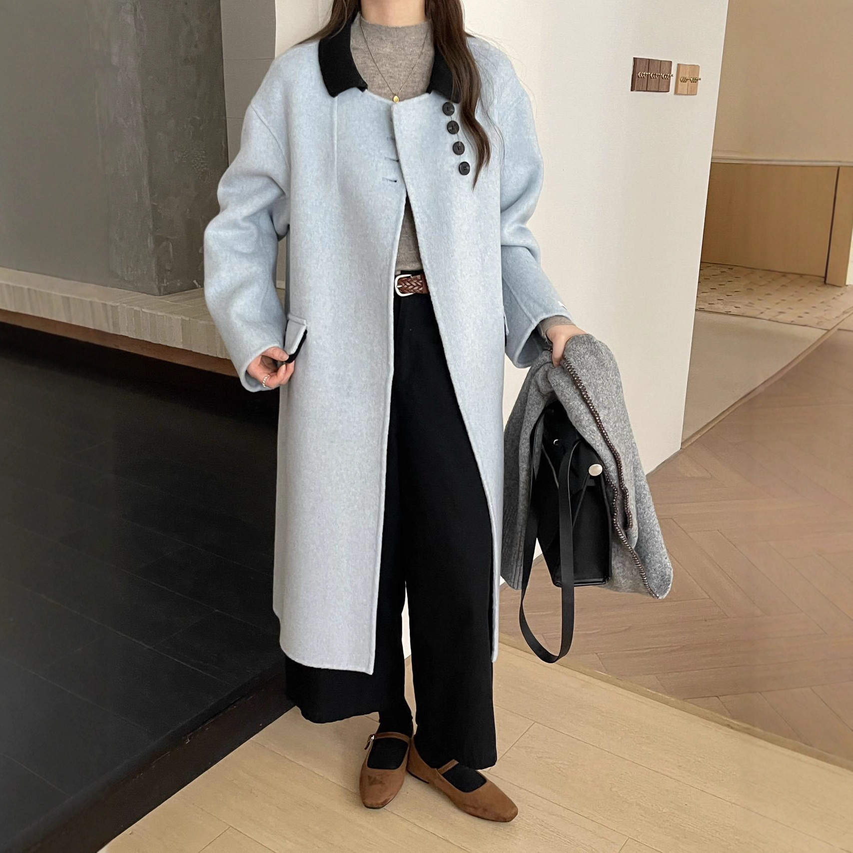 新款设计感撞色长款双面羊毛大