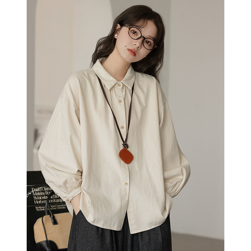 mistletoe实拍春秋新款通勤复古简约宽松衬衫女灯笼袖厚款磨毛百