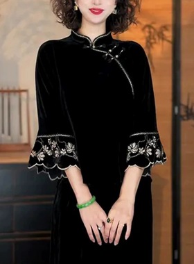 新中式立领斜襟国风小衫C秋季新款气质妈妈装黑色宽松洋气上衣女