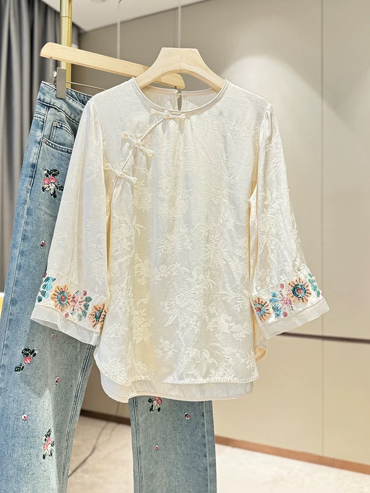 扣袖口亮片钉珠7分袖上衣女新款