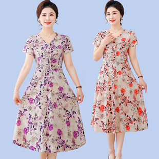 冰丝裙遮肚子中老年花裙子束腰薄 短袖 50岁妈妈连衣裙夏款 中年女式