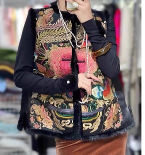 盘扣马甲水貂毛条花坎肩 重磅真丝刺绣新中式 厂家直销女装 秋冬新款