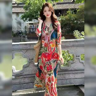 法式慵懒风真丝雪纺印花连衣裙夏季新款V领气质旅游度假长款裙子