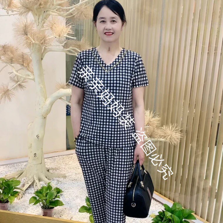 小方格V领上衣九分休闲裤两件套宽松显瘦时尚洋气减龄套装妈妈装