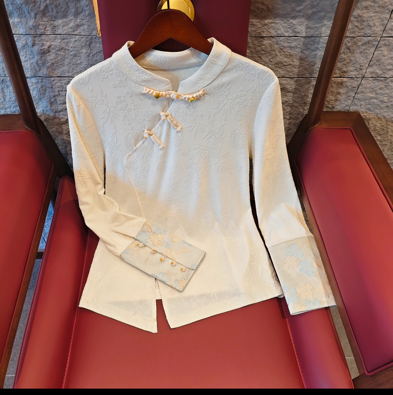 国风立领提花长袖T恤衫女