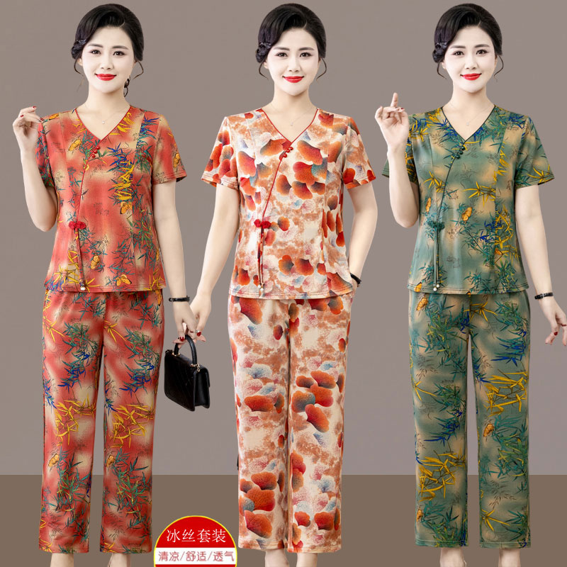 中老年女装冰丝套装夏季民族风妈妈装短袖复古盘扣上衣花色七分裤
