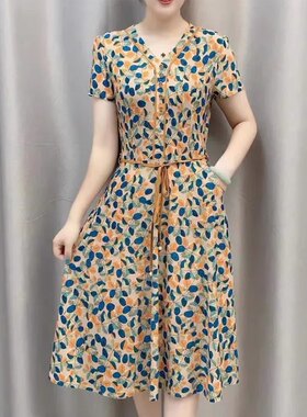 夏季冰丝棉碎花系腰带连衣裙女