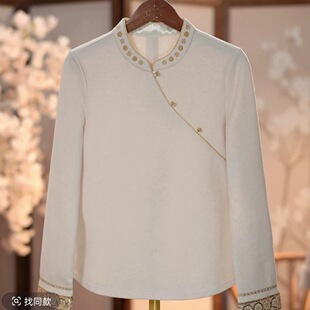 秋冬新款新中式国风衬衫改良立领盘扣斜襟提花刺绣百搭打底衫上衣