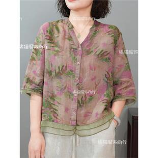 苎麻衬衫上衣女中年女士短袖t恤夏2025新款X亚麻雪纺中式衬衣女款