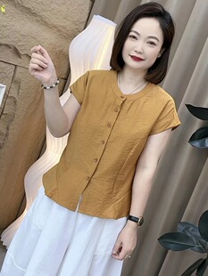 鱼尾边天丝棉薄款小衫圆领纽扣遮肚腩短上衣女夏季新款凉快衬衫