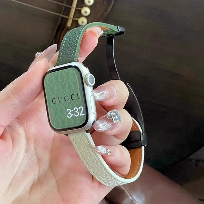 适用applewtach s9苹果手表带iwatchse细款荔枝纹s8皮质s7女款s6