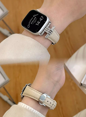 青提高级感皮质表带适用applewatch3456S7S8代S9iwatch小众设计