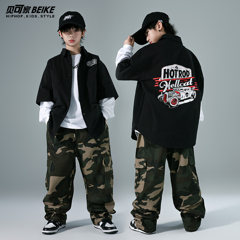 贝可家儿童街舞潮服套装男女童嘻哈衬衫裤子少儿hiphop童装演出服