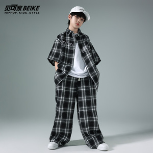 贝可家儿童街舞潮服套装男童纯棉格子短袖hiphop街舞童装演出服