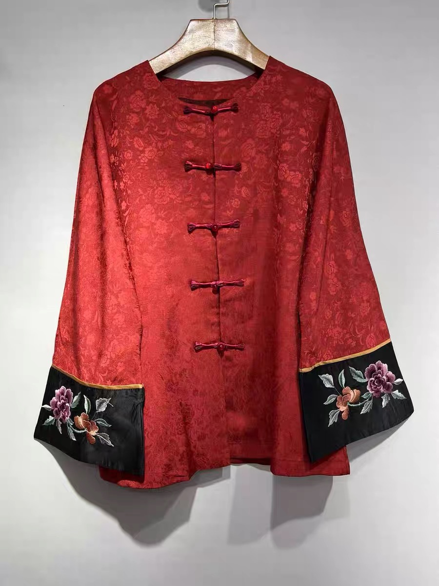 秋季新款真丝提花圆领显瘦外套