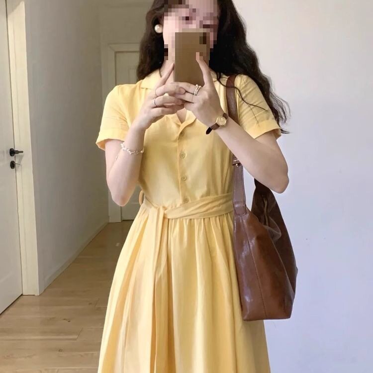 法式简约气质黄色V领衬衫连衣裙女夏季新款感收腰显瘦A字长裙