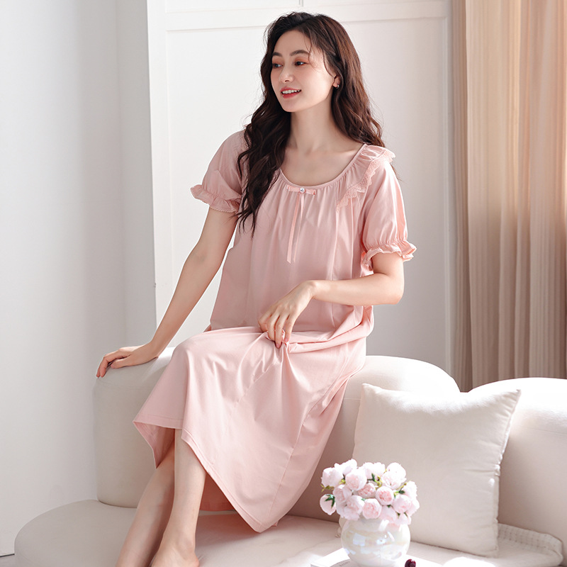 带胸垫睡裙女装夏季纯棉短袖薄款夏天睡衣过膝裙子2025年新款夏款