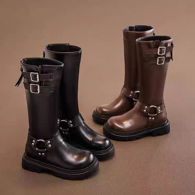 女童鞋子儿童长靴子2025秋冬款新款冬季长筒高筒牛仔洋气加绒皮靴