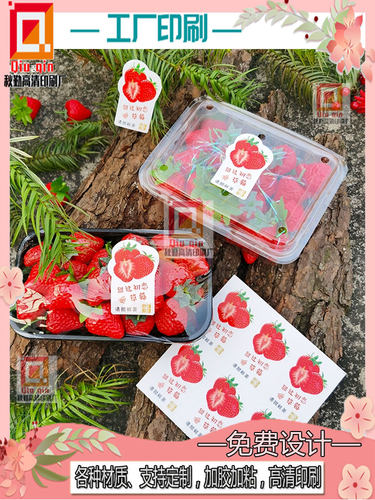 奶油草莓水果贴纸定制白柚PVC标签设计生鲜食品卷筒合成纸不干胶