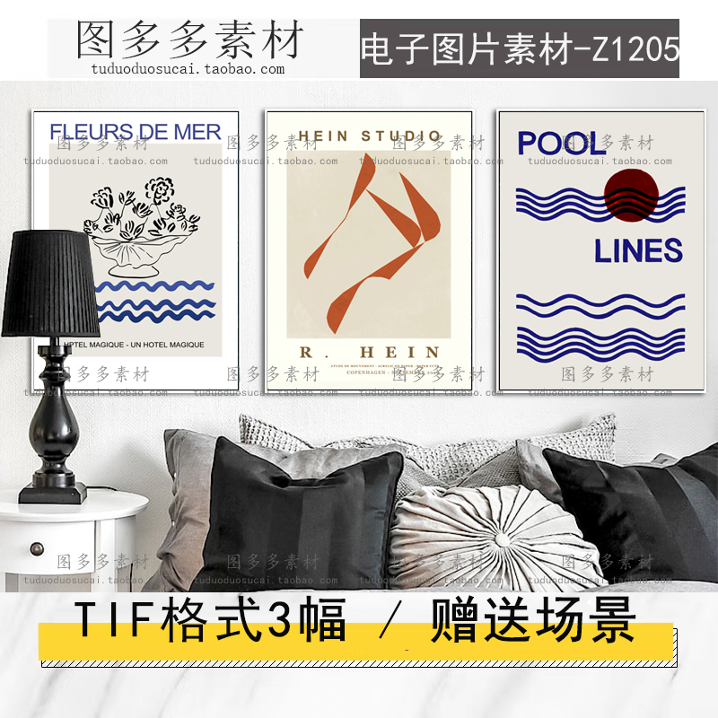 现代北欧克莱因蓝抽象几何线条花卉客厅三联装饰画画芯电子图片库图片
