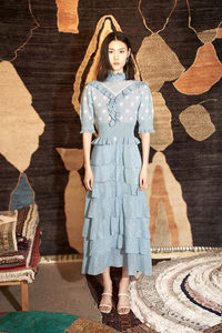 独立设计师LOU DE NANNAN人气推荐夏季淡蓝波点蛋糕针织连衣裙