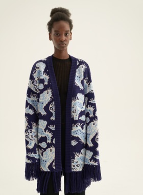 独立设计师LOU DE NANNAN羊毛加厚保暖棒针深蓝色狮子中长款外套