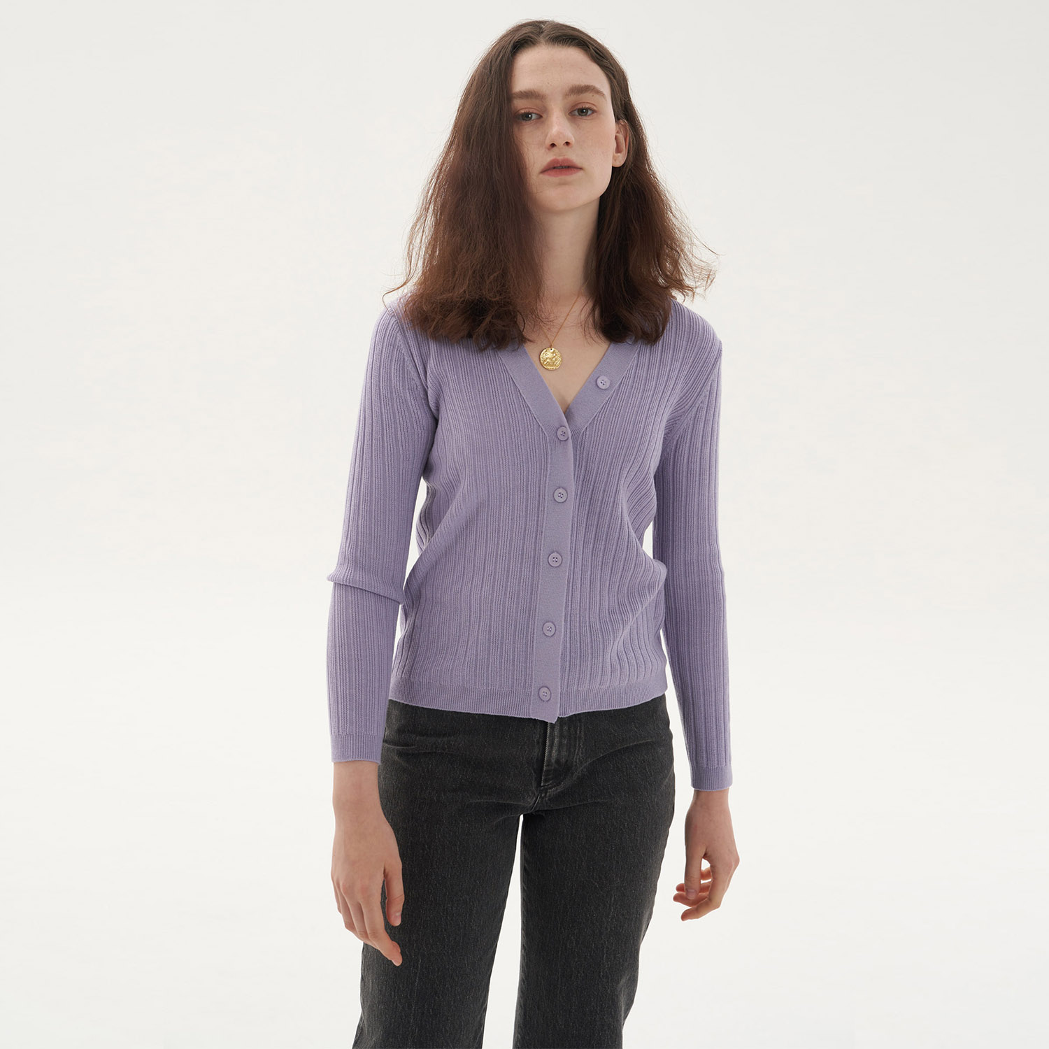 精纺羊毛针织衫抽条内搭通勤纽扣