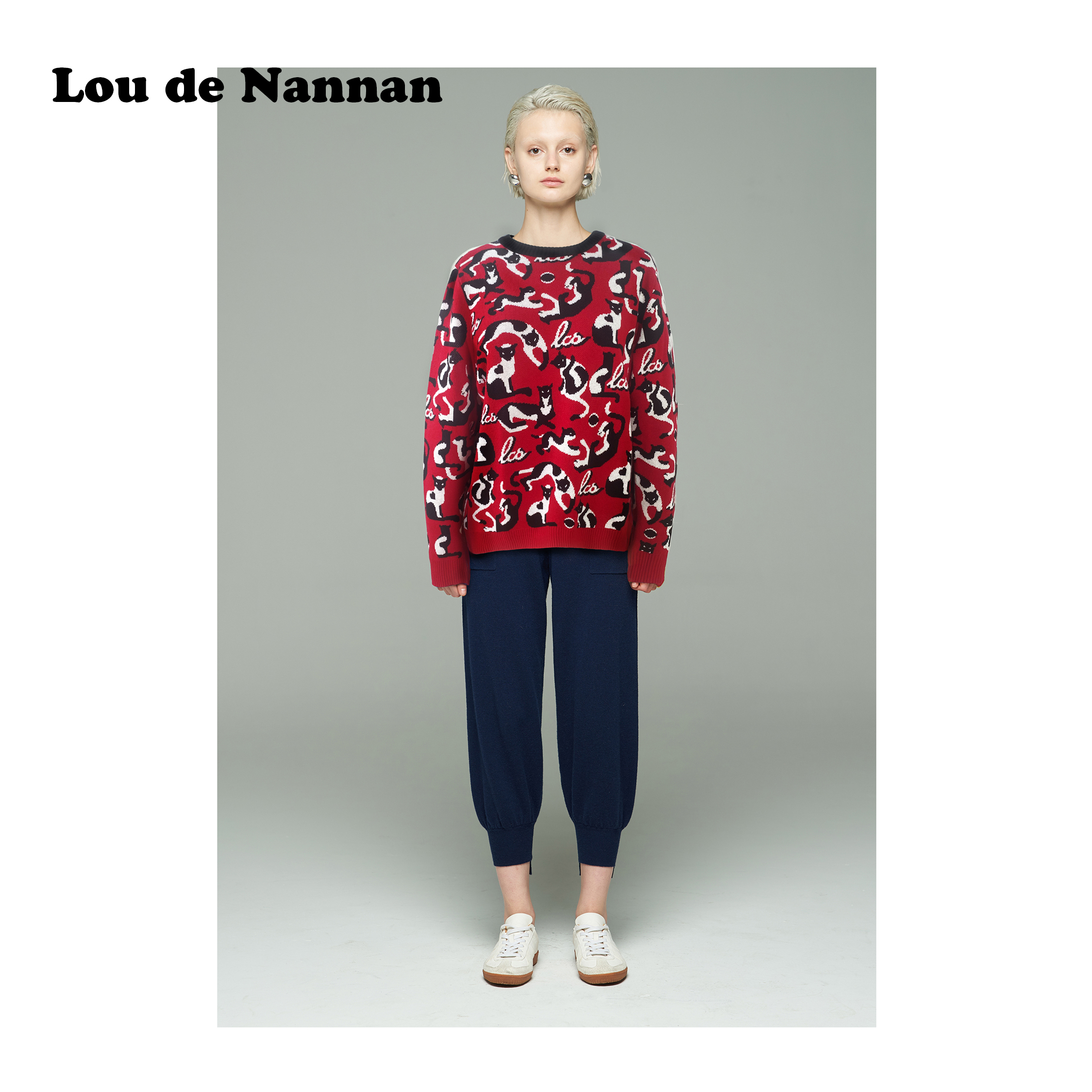 秋冬情侣款猫咪红色提花毛针织