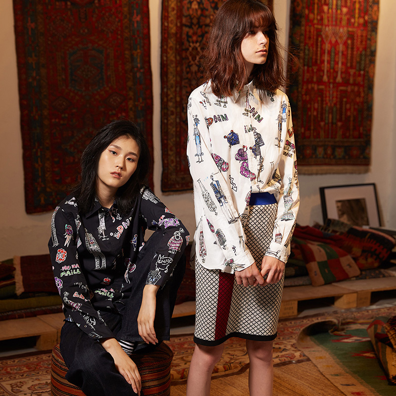原创风印花纯棉黑白衬衣