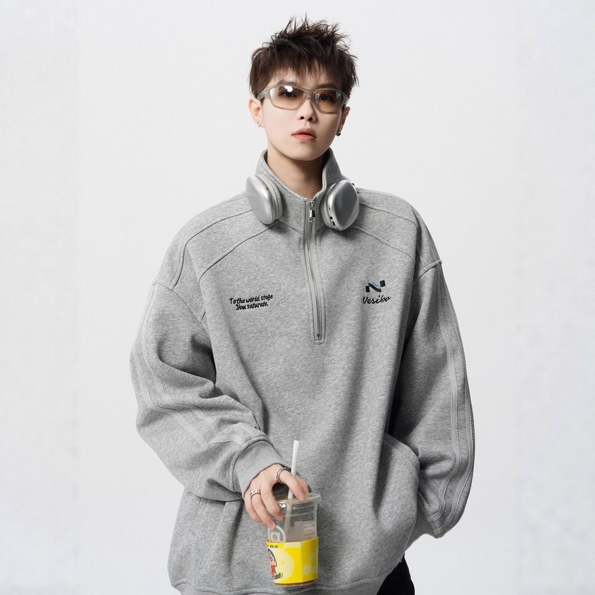 美式重磅半拉链立领刺绣卫衣男女