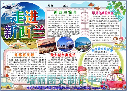 走进新西兰旅游彩色小报成品模板暑假游记板报小学生手抄报3289
