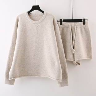 2024秋新款韩版初秋宽松慵懒风圆领毛衣高腰抽绳短裤针织套装女潮