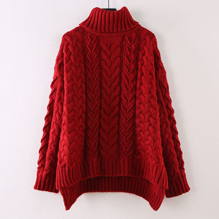 时尚 宽松慵懒风复古麻花粗毛线衣外套加厚 高领毛衣女套头秋冬新款
