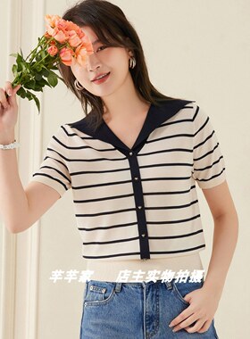 妮弗曼681512莱赛尔天丝女针织衫2025夏海军领短袖条纹凉爽套头T