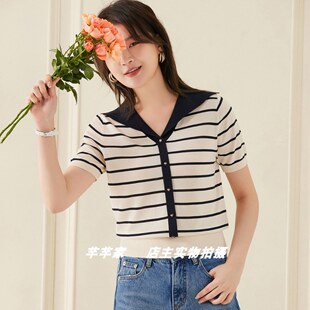 妮弗曼681512莱赛尔天丝女针织衫2025夏海军领短袖条纹凉爽套头T